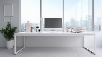 Modern Minimalist White Desk Setup in Empty Office Space