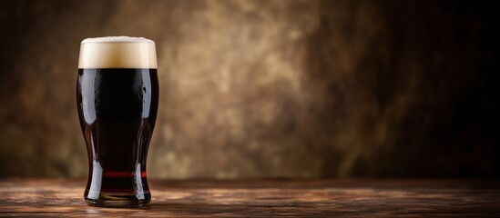 Dark beer in a glass on wooden table with textured background