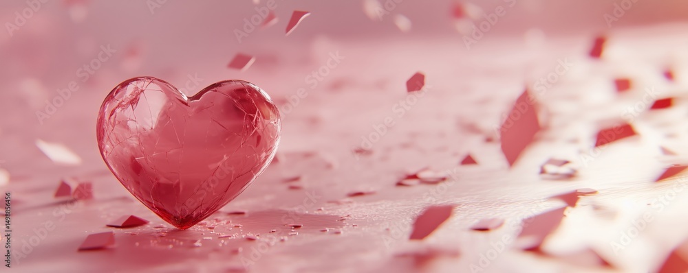Poster crystal heart on pink background with floating shards and soft lighting effects