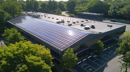 Aerial view of commercial building with solar panels on the roof and surrounding green trees in daytime