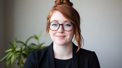 Portrait of red haired person with glasses smiling in studio