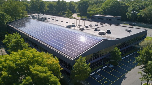 Aerial view of commercial building with solar panels on the roof and surrounding green trees in daytime
