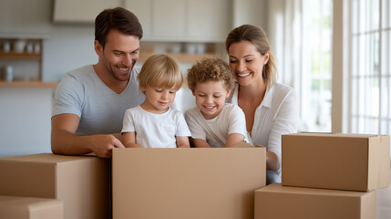 Fototapeta premium Happy family unpacking in a bright and welcoming new home