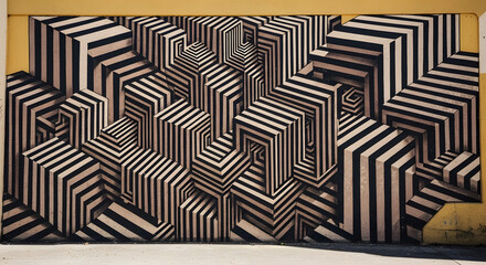 Black and white striped geometric shapes on a yellow wall