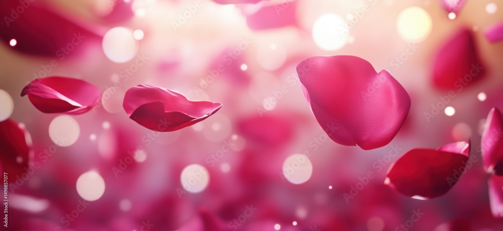Poster floating rose petals creating a dreamy atmosphere with soft bokeh background