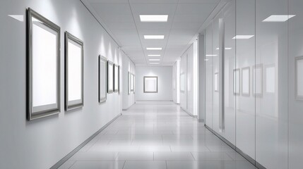 Obraz premium Bright White Office Corridor with Framed Artwork on the Walls