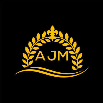 AJM Letter Logo. Luxury Laurel Wreath Logo with AJM Letters on Black Background.
