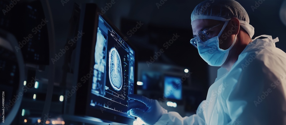 Poster medical professional analyzing brain scan on computer in high-tech laboratory environment