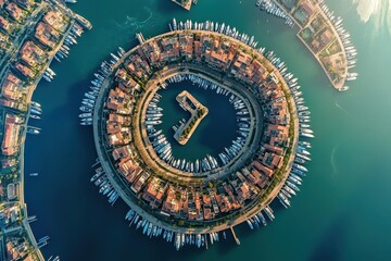 Fototapeta premium Aerial panoramic view highlighting marinas and ports showcasing the intricate layout and vibrant colors of coastal architecture along the water's edge in a sunny afternoon