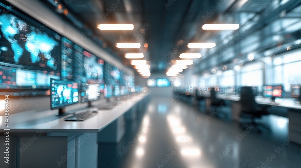 Poster blurred view of network operations center with computer displays