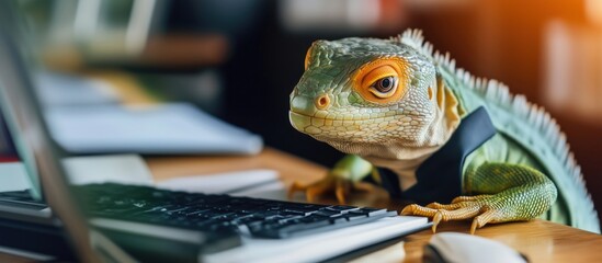 Lizard in business attire working on computer at office desk
