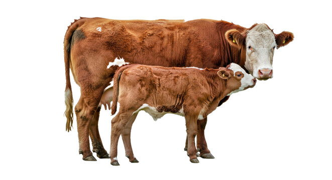 Braford Family Bond: Cow & Calf, Red & White, Isolated on White