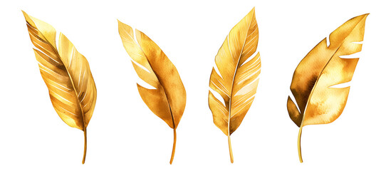 Watercolor tropical banana leaves in golden shades isolated on transparent background