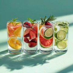 Refreshing Infused Water in Glasses Arranged on a Light Surface