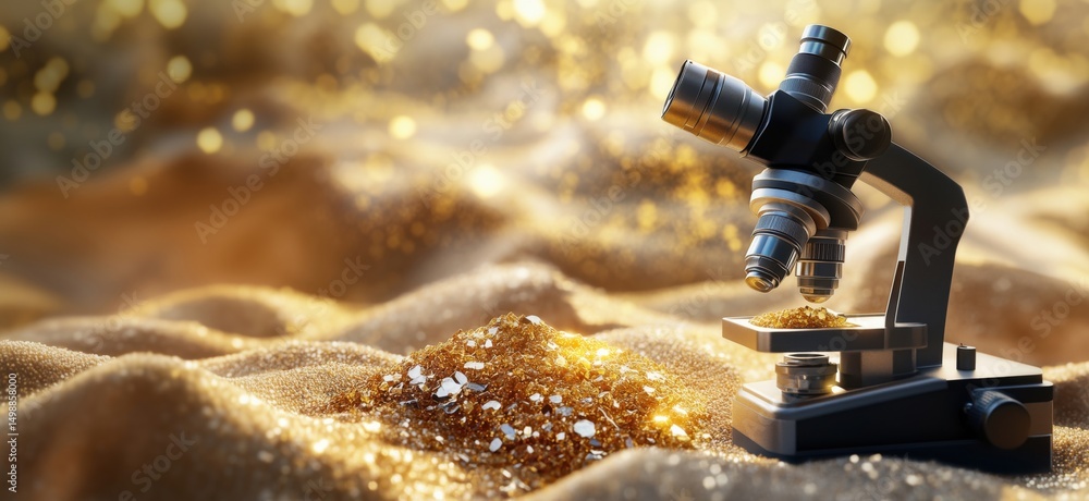 Aufkleber microscope analyzing golden particles on shimmering sand background