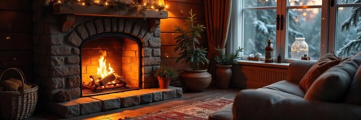A cozy scene of a fireplace casting a warm glow on a comfortable living room, creating a relaxing and inviting atmosphere Perfect for home, comfort, warmth, and winter themes , tranquility, house