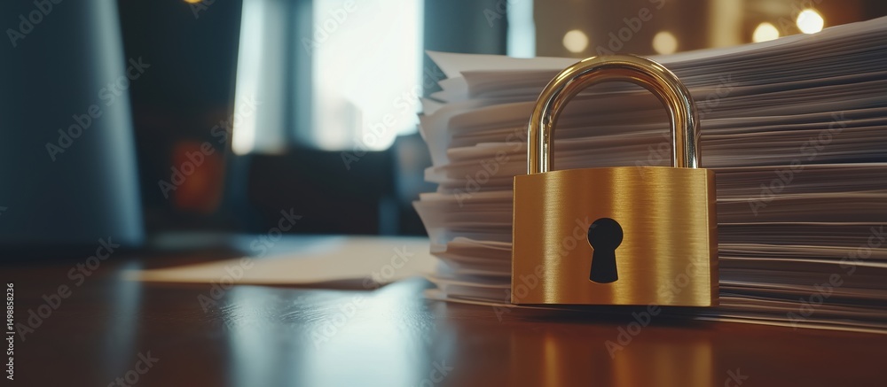 Poster secure padlock resting on stack of documents in office environment