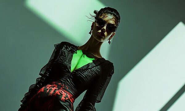 Stylish Woman in Sunglasses Posing Under Dramatic Lighting for High Fashion Editorial