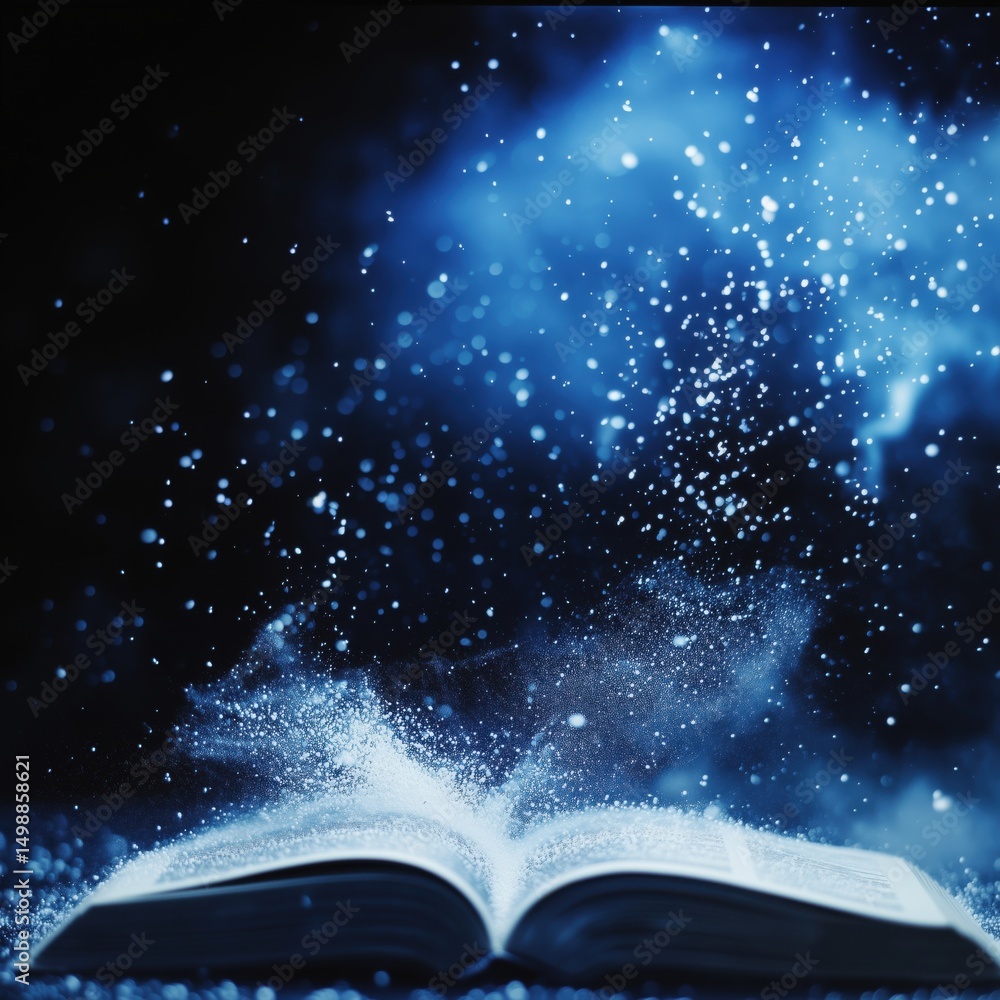 Poster magical book with glowing particles and blue mist creating an enchanting atmosphere