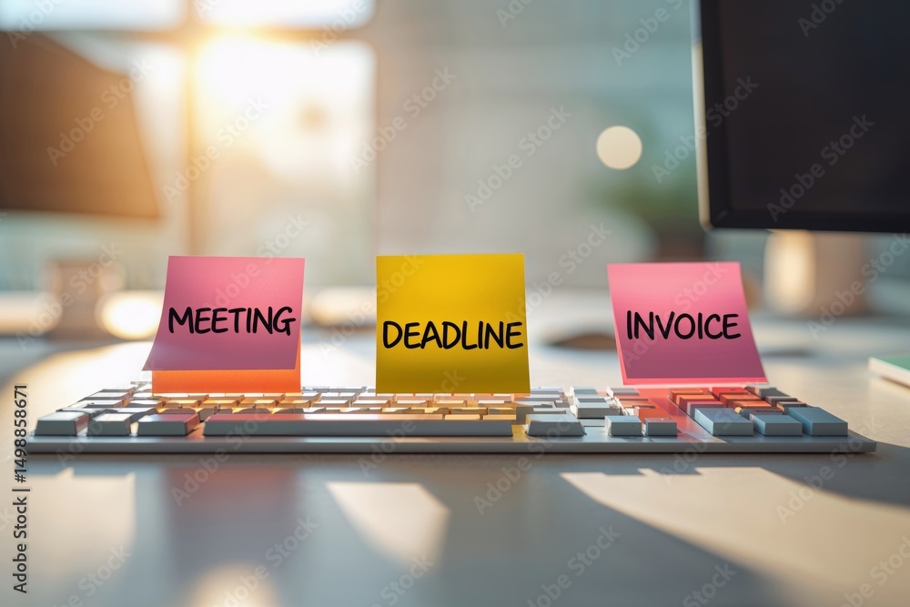 Poster sticky notes on keyboard highlighting meeting deadline and invoice tasks