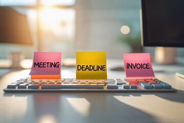 Sticky Notes on Keyboard Highlighting Meeting Deadline and Invoice Tasks