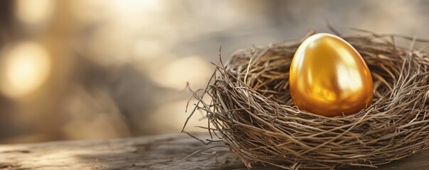Golden egg resting in a natural nest with soft blurred background