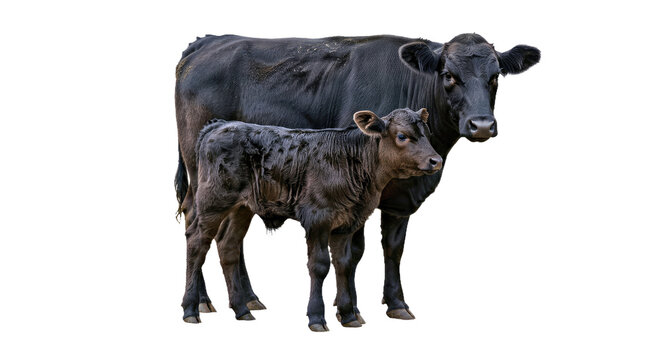Brangus Mother & Calf: Close Bond, Black Coats, Isolated on White