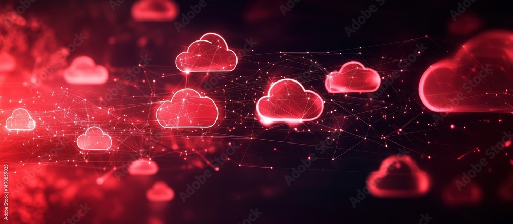 Poster digital cloud network with glowing red clouds and interconnected data points