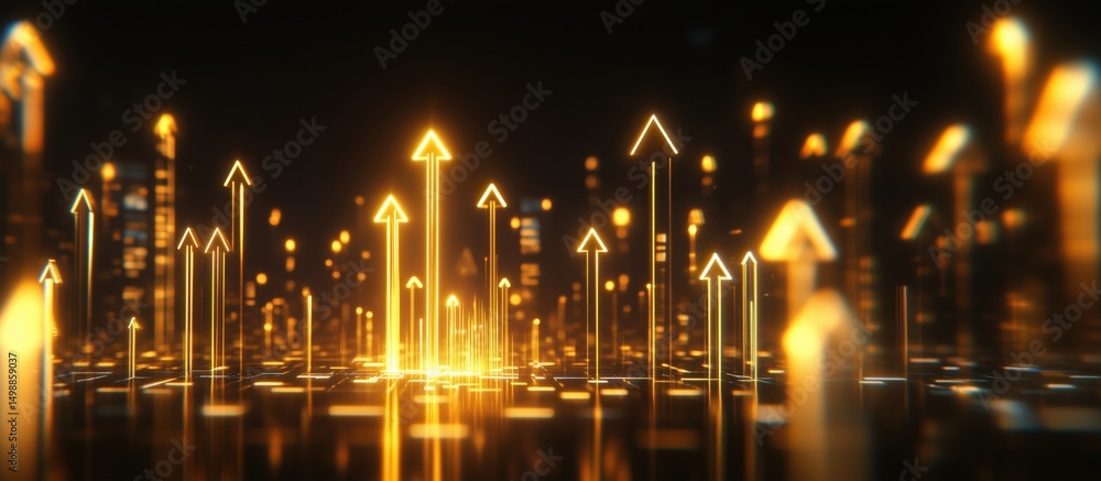 Poster dynamic upward arrows representing growth and progress in a digital landscape