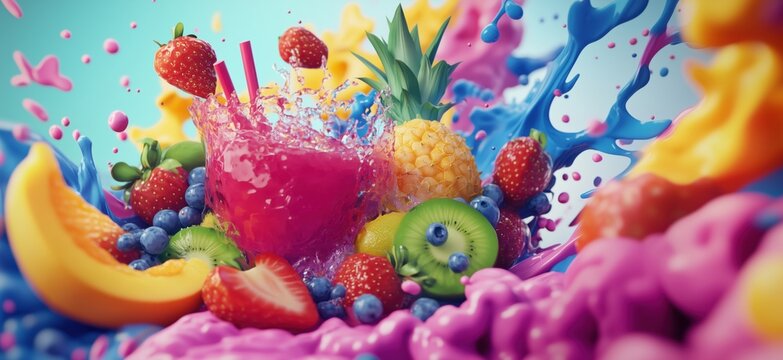 Vibrant fruit splash with colorful smoothie and fresh fruits like strawberries and pineapples - Powered by Adobe