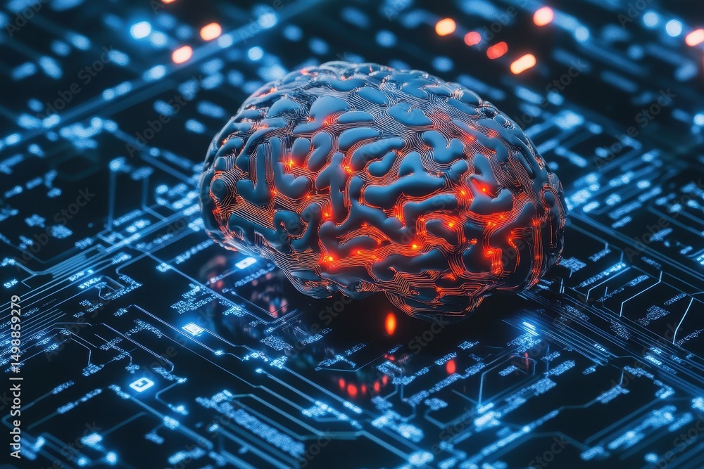 Poster progress and risks of artificial intelligence dominance represented by a glowing brain on a circuit 