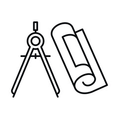Icon of architectural project tools including compass and folded drawing for design purposes