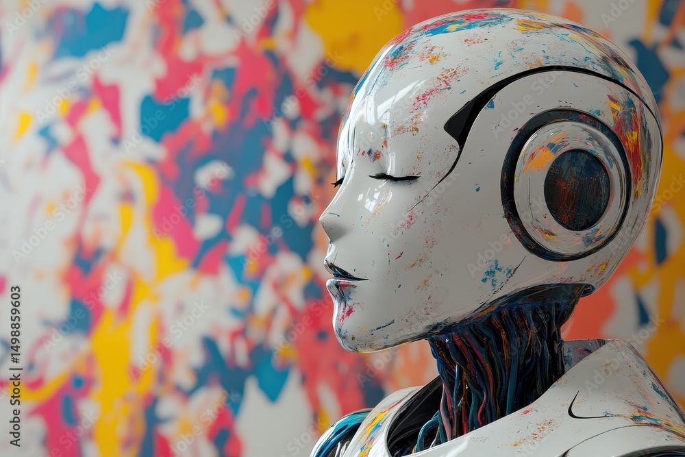 Poster ai robot creates innovative art through deep learning technology in a vibrant studio setting