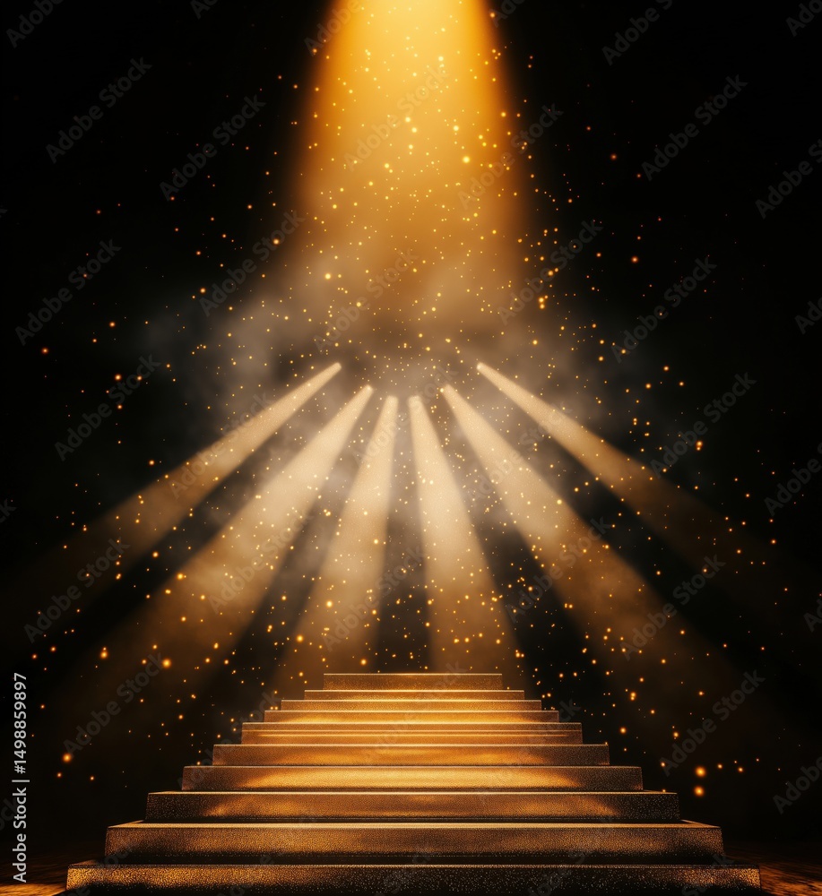 Poster illuminated staircase with golden light beams and sparkling particles in dark background