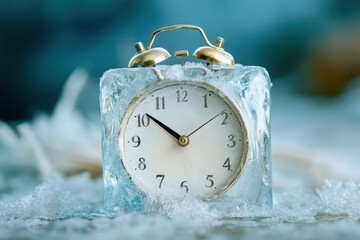 Frozen moment in time with an alarm clock encased in ice illustrating the concept of time stopping in a surreal and captivating manner
