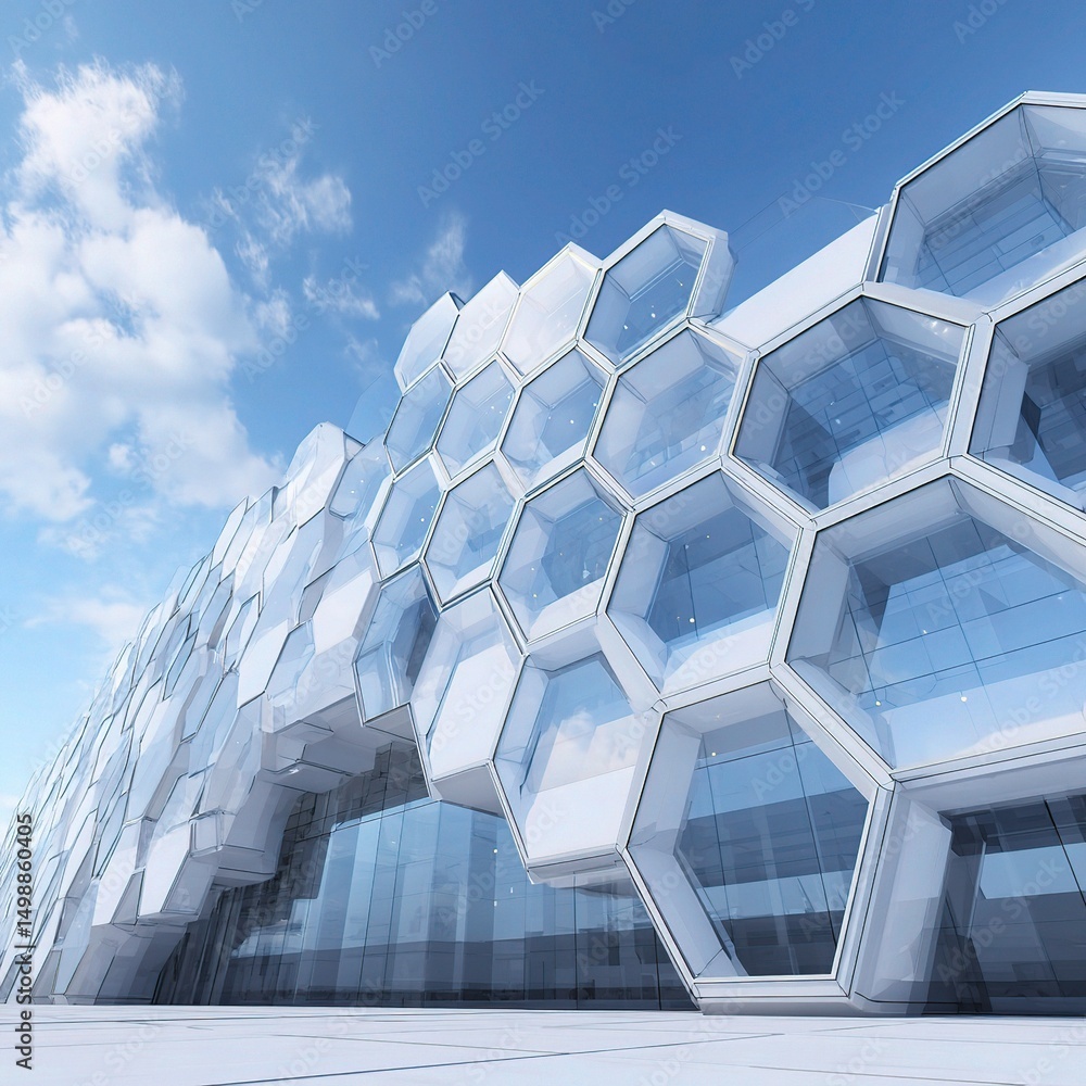 Poster futuristic lab building with hexagonal window pattern design