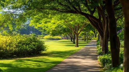 Obraz premium Lush Green Park Pathway Surrounded by Trees and Vibrant Foliage on a Sunny Day