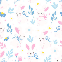 Cute Bunny Seamless Pattern, White Rabbits with Bows on Floral Background, Kawaii Spring Nursery Design