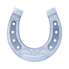 Illustration of a silver cartoon horseshoe that features intricate patterns and creative design and symbolizes good luck and equestrian culture.