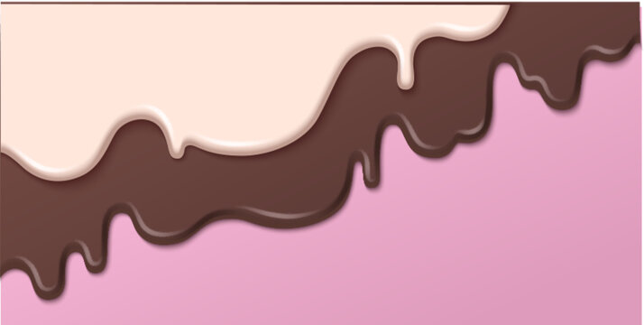 Melted ice cream dripping background - sweet dessert liquid flowing down. Brown chocolate and vanilla flavors running drops. Creamy delicious treat melting. Cold summer snack abstract texture banner.