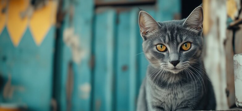 Gray cat with striking yellow eyes sitting against colorful rustic background