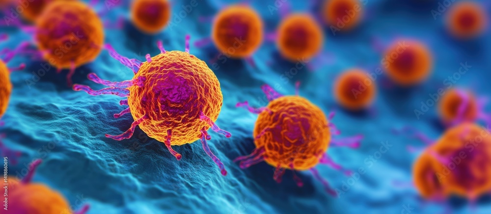 Poster microscopic view of colorful virus particles on a textured surface