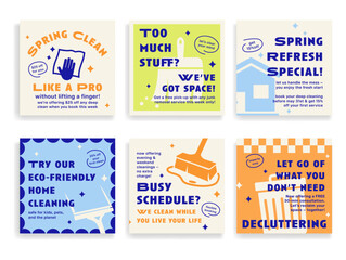A collection of colorful web banners promoting cleaning service offerings such as eco-friendly cleaning, decluttering, and seasonal specials to fit busy schedules.