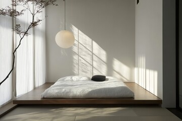 minimalist Japanese bedroom, white fabric wall, low bed and soft hanging lamp