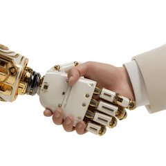 Human and robotic hands shaking in futuristic concept