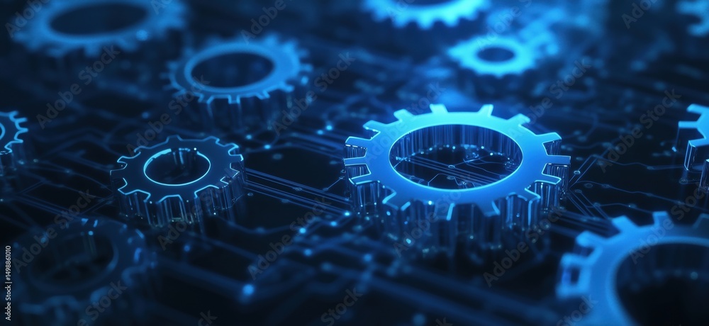 Poster blue metallic gears on circuit board background representing technology and engineering