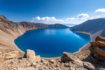 Breathtaking view of a clear blue crater lake surrounded by mountains.