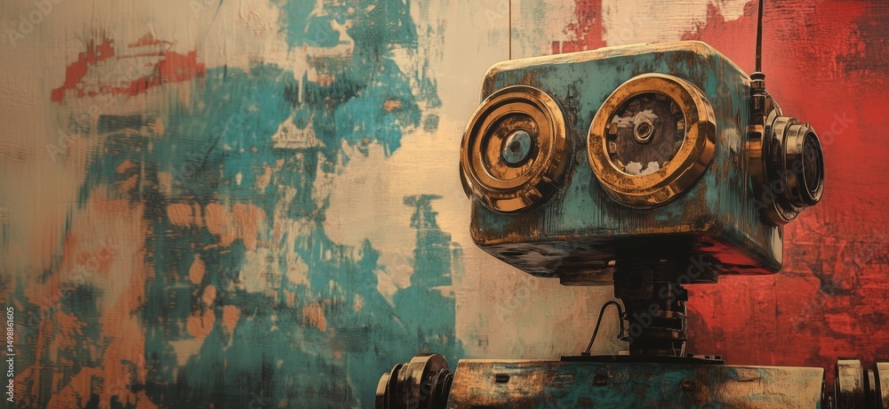 Poster vintage robot with retro design against colorful abstract background