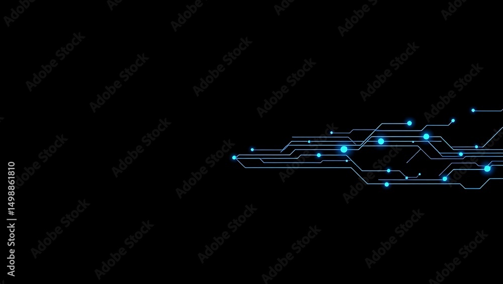 Poster abstract circuit board design blue lines and glowing nodes on black background
