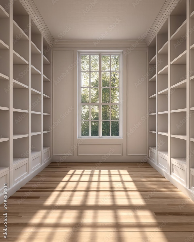 Poster bright and spacious empty room with light streaming through windows.